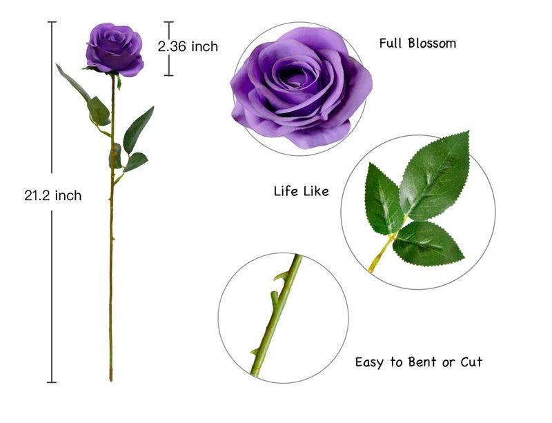 DuHouse 10pcs Fake Roses Artificial Silk Flowers Faux Rose Flower Long Stems Bouquet for Arrangement Wedding Centerpiece Party Home Kitchen Decor(Purple) - Image 3
